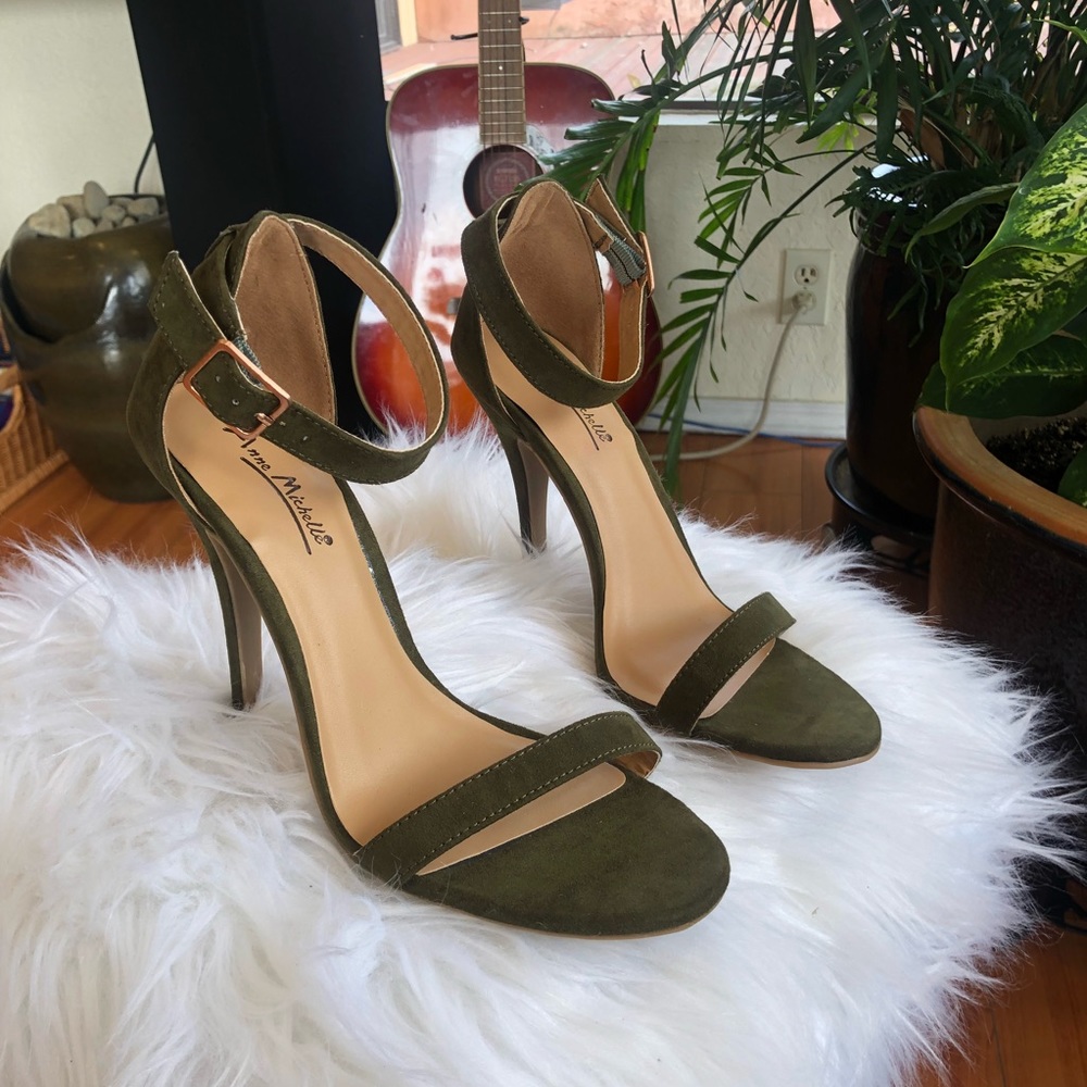 Anne Michelle Heel Ankle Strap Olive Green Faux